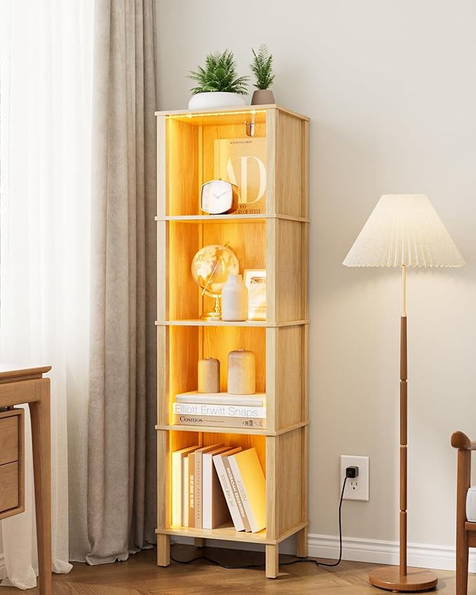 Bookshelf with LED Lights, Modern 4-Tier Bookcase, Open Storage Book Shelf, 11 × 14.2 × 50.4 Inches, Small Narrow Bookshelves for Living Room, Home Office, Bedroom, Natural