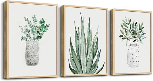 Natural Wood Framed Wall Art For Dining Room Large Wall Decor For Bedroom Kitchen Wall Decoration Living Room Decor Green Leaf Pictures Artwork For Home Walls Painting 3 Piece Framed Art Prints