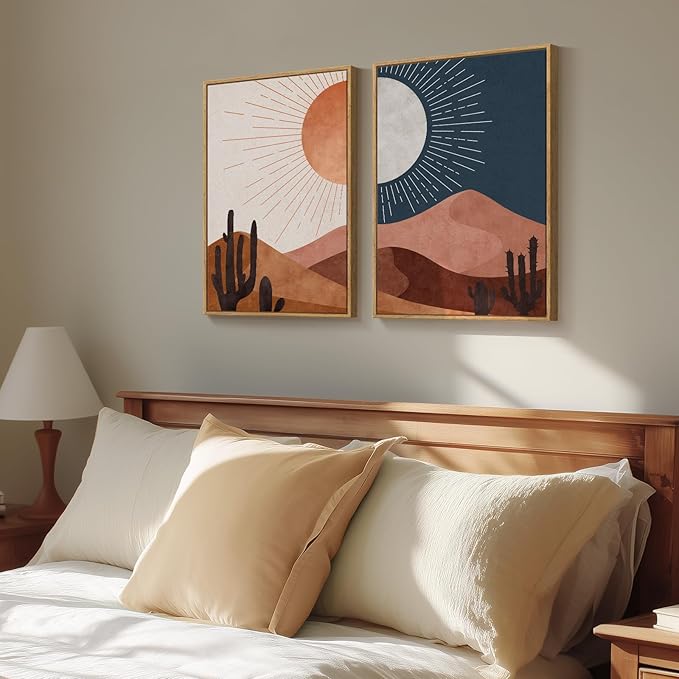 Framed Boho Desert Landscape Wall Art Set of 2 for Living Room, Abstract Mid Century Modern Sun and Moon Canvas Artwork for Walls, Bohemian Painting Print Wall Decor for Bedroom Home Office, 16x24 In
