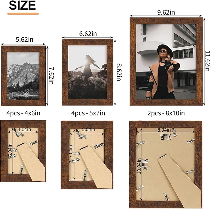 iRahmen Collage Picture Frames Set of 10, Wall Decor for Mounting or Tabletop Display, Family Photo Gallery Frame Set - Multi Sizes Including Two 8x10, Four 5x7, Four 4x6, HD Glass, Rustic Wood, Dark Brown