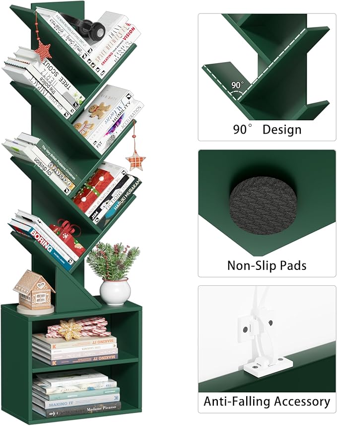 10 Tier Tree Bookshelf,Christmas Green Bookcase for Narrow Space, Storage Organizer Floor Standing Bookshelves for Books, Tall Book Case for Home Office, Living Room, Bedroom