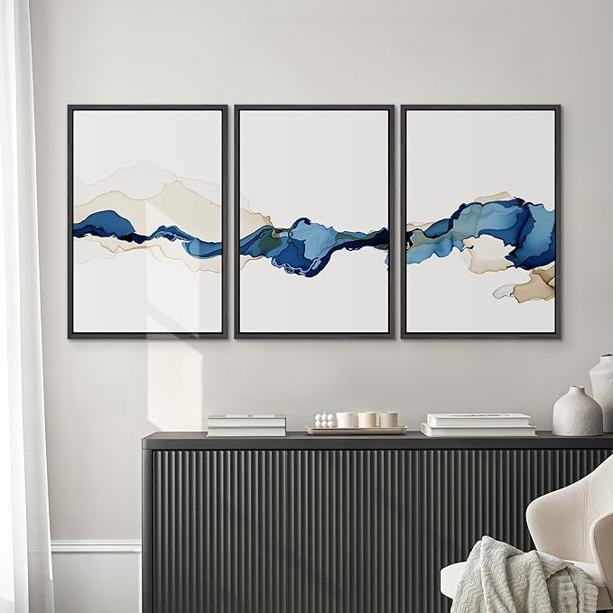 SIGNWIN 3 Piece Framed Canvas Wall Art Blue and Brown Watercolor Nature Wilderness Illustrations Abstract Traditional Relax/Calm Home Artwork Decoration for Living Room,Bedroom - 16"x24"x3 Black