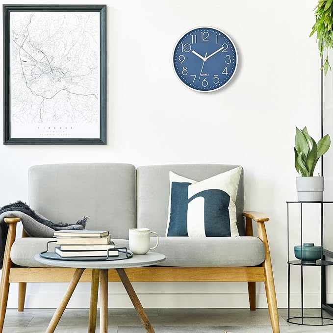 Foxtop 10 Inch Wall Clock Silent Non-Ticking Battery Operated Quartz Round Modern Simple Wall Clock Decorative for Bedroom Kitchen Home Office School (Cerulean)