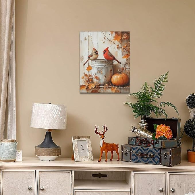 Fall Cardinal Wall Art Autumn Pumpkin Leaf Pictures Wall Decor Cardinals Canvas Painting Modern Artwork Home Decoration for Living Room Bathroom Bedroom Office Framed 16"x20"