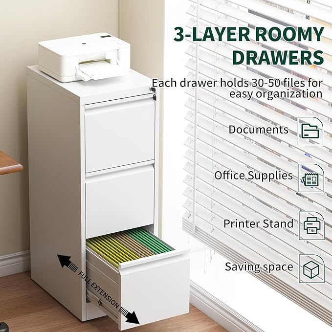 3 Drawer File Cabinet with Lock, Metal Vertical File Cabinets for Home Office, Office Furniture for Organization Hanging Legal/Letter/A4, Office File Cabinet Storage Cabinet, Require Assembly, White