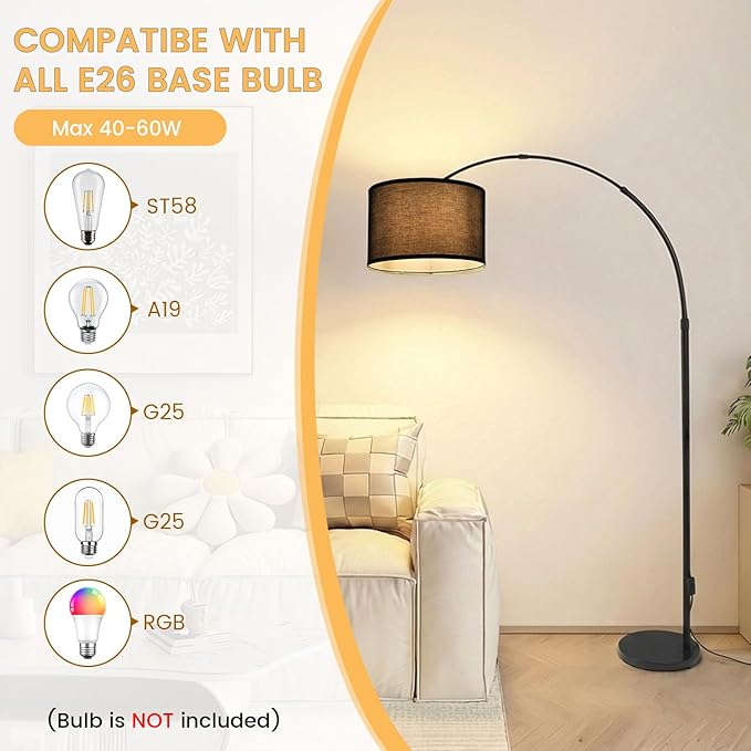 Black Arc Floor Lamp, Modern Standing Floor Lamp with Adjustable Head & Fabric Drum Shade, Over Couch Reading Light for Living Room, Bedroom, Office, Study Room