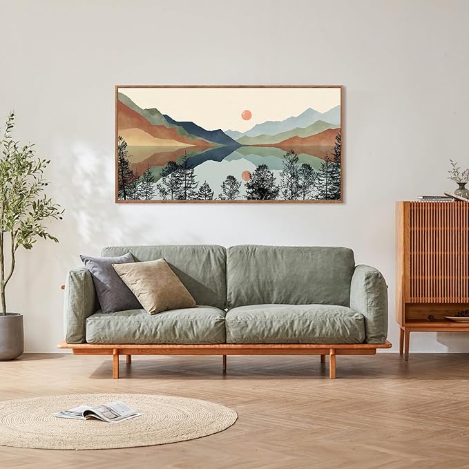 CHDITB Mountain Sun Forest Framed Art Prints(40"x20"), Boho Watercolor Nature Landscape Canvas Artwork Painting, Abstract Foggy National Park Scenery Poster Decor for Living Room Bedroom