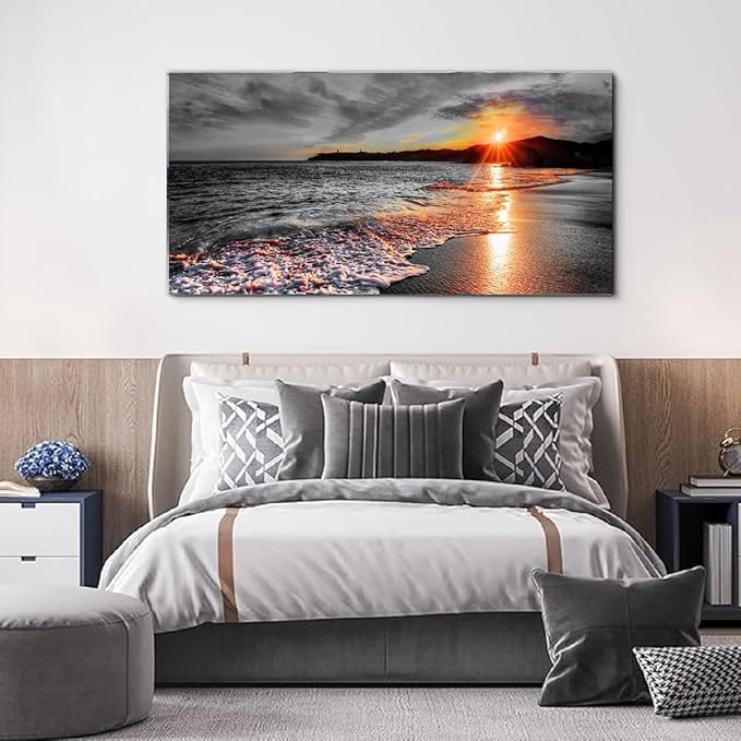 Yxbhhym-Large Canvas Wall Art Living Room Black and White Beach Wall Decor for Bedroom Landscape Ocean Room Decor Sea Sunset Paintings Seascape Prints Art Office Artwork Morden Framed Decorations