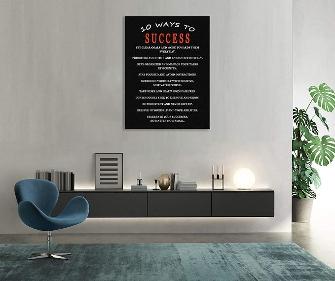 WYJDFART Inspirational Wall Art 10 Ways to Success Positive Mindset Decor Quotes Motivational Wall Decor Printed Canvas Poster for Office Home Gym Classroom Framed Ready to Hang [30" W X 40" H]