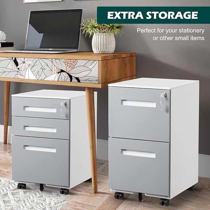 2 Drawer Mobile File Cabinet with Lock & Wheel, Under Desk Rolling Vertical Filing Cabinet, Anti-Tipping Design Metal Storage Cabinet for Legal, Letter, A4 (Gray)