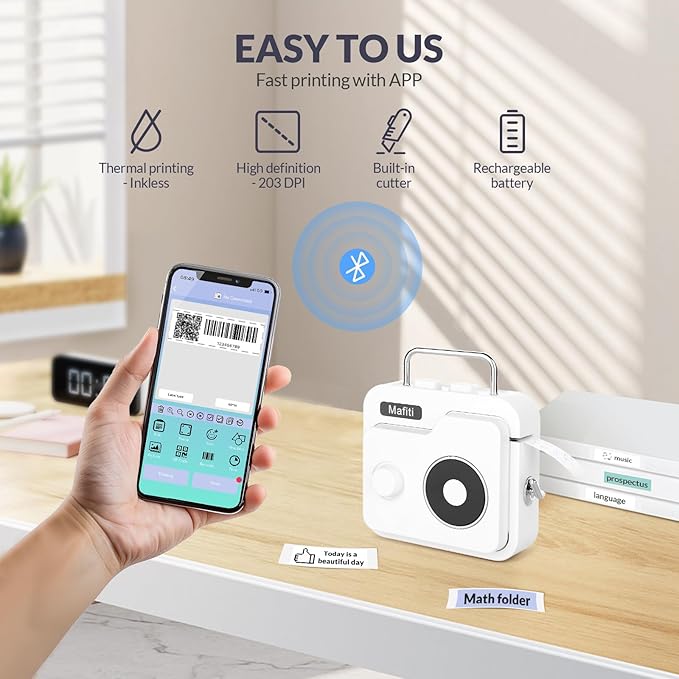 mafiti Label Maker Machine with Tape Bluetooth Wireless Label Printer Mini Label Makers Rechargeable Thermal Small Label Maker Easy to Use for Home Office School