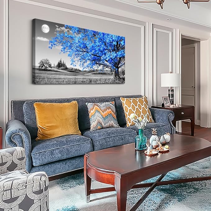 Wapluam Canvas Wall Art For Living Room Modern Wall Decor For Bedroom Black And White Wall Paintings Blue Tree Scenery Pictures Prints Artwork Office Decor Room Aesthetic Home Decor 20" X 40"