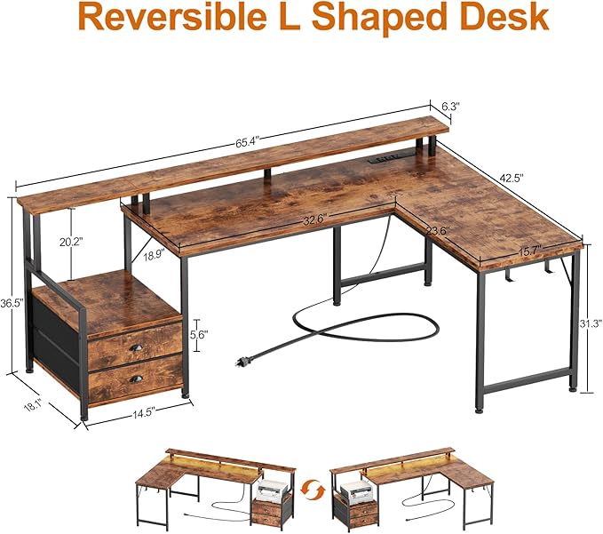 Furologee 66" L Shaped Computer Desk with Power Outlet & LED Lights, Reversible Corner Home Office Desk with 2 Drawers & Storage Shelves for Gaming, Large PC Table with Monitor Stand, Rustic Brown