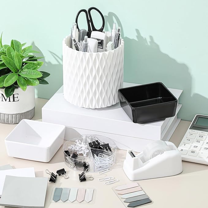 Kosiz 27 Pcs Black and White Desk Accessories Gift for Aesthetic Desk Organizer White Office Supplies Pen Holder Sticky Notes Stapler Binder/paper Clips Scissor Staple for Women(Classics)