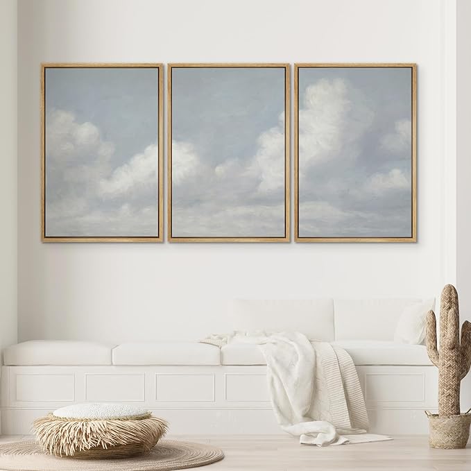 SIGNWIN Framed Canvas Print Wall Art Set Soft Sky and Clouds Minimalist Blue and White Cloudscape Illustrations Modern Art Decorative for Living Room, Bedroom, Office - 24"x36"x3 Natural