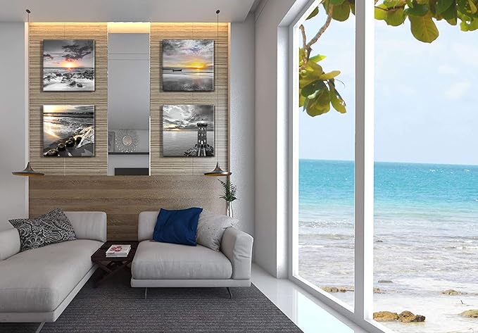 Bamdeya Black and White Gold Beach Wall Art Sea Sunrise Scenery Picture Canvas Print Framed Seascape Painting for Living Room Bathroom Wall Decor Home Decoration