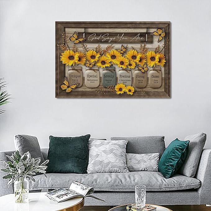Christian Sunflower Wall Art Rustic Sunflower Butterfly Pictures Wall Decor Country Bible Verse Canvas Painting Modern Home Artwork Decoration for Bathroom Living Room Bedroom Office Framed 24"x16"