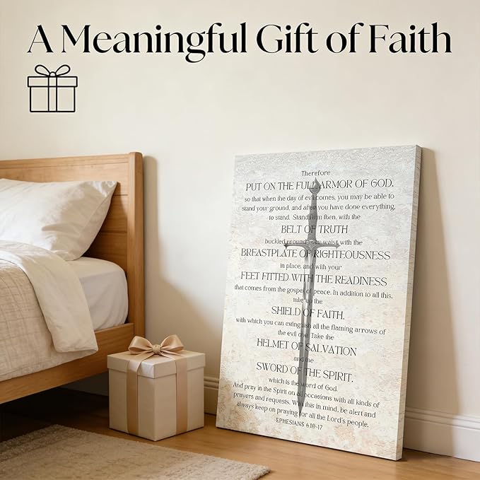 Christian Spiritual Armor Canvas Wall Art Ephesians 6:11 Bible Verse Painting Picture armor of god Wall Decor Religious biblical Poster Print Artwork for Church Office Bedroom 16x24in Wrapped Canvas