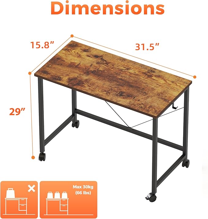 Mericonia 32 inch Rolling Computer Desk with Wheels, Gaming Desk for Small Spaces, Modern Simple Style Table for Home Office, Study Writing Table