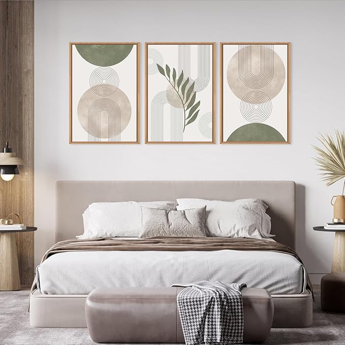 HPINUB Sage Green Boho Framed Canvas Wall Art Set, Minimalist Beige Green Botanical Wall Decor, Abstract Geometric Line Leaf Canvas Painting for Living Room, Dining Room, Office Decor-24 x36 x3