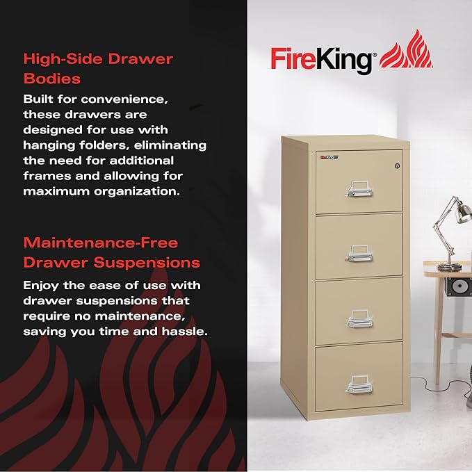 Fireproof Vertical File Cabinet, 4 Legal Sized Drawers, 52.25in H x 20.81in W x 25.06in D, Made in The USA