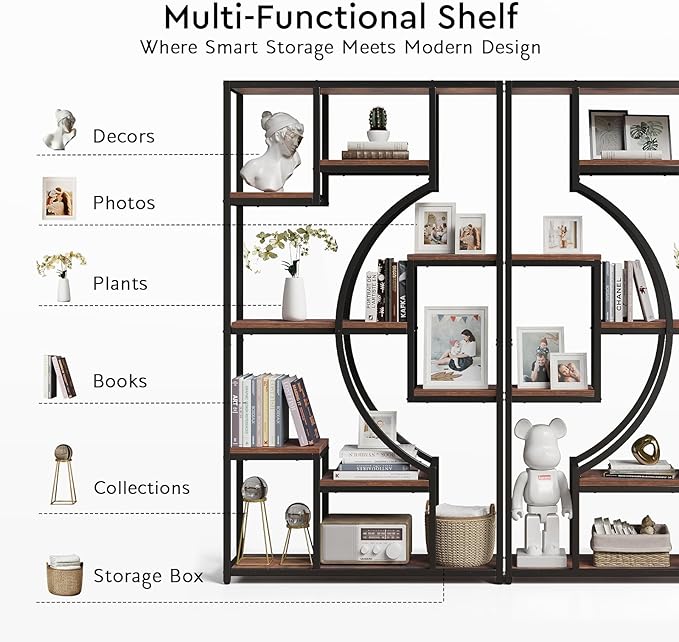 70.8" Tall Bookshelf Set of 2, 79" Wide Geometric Display Shelf with 18 Open Storage Shelves, Etagere Bookcase with Metal Frame – Anti-Tip & Adjustable Feet, Rustic Brown