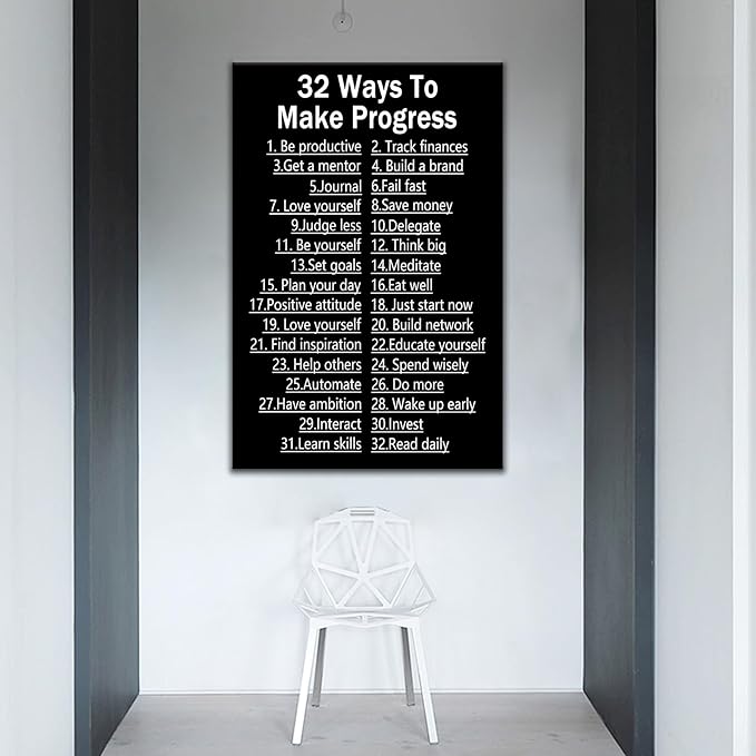 Inspirational Quotes Wall Art Home Decor Motivational 32 Ways To Make Progress Positive Poster Printed on Canvas Painting for Men Classroom Workplace Hallway Artwork Ready to Hang [24''Wx36''H]