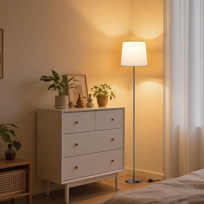 Floor Lamp with Pleated Shade - 62'' LED Standing Lamp with Foot Switch & Night Light, 3 Color Temps, 9W E26 Bulb Included, Modern Corner Lamp for Bedroom Living Room Office Reading, Black