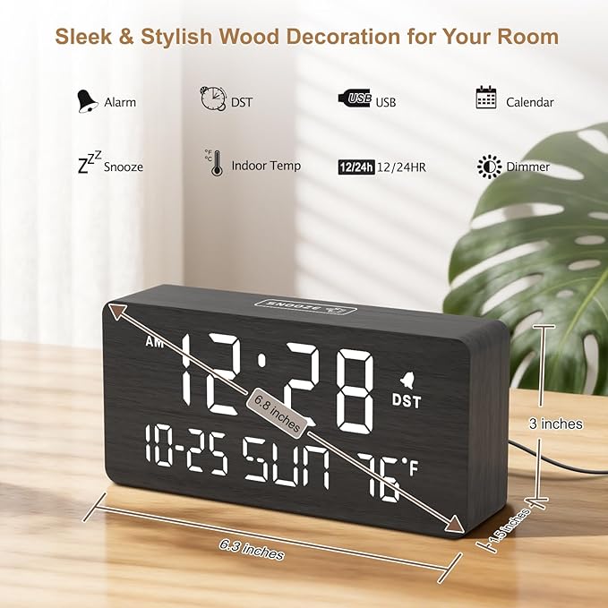 DreamSky Wooden Digital Alarm Clocks for Bedrooms - Living Room Desk Clock with Date and Day of Week, Temperature, USB Port, Dimmer Wheel, Adjustable Volume, Auto DST, Wood Decor for Office Table