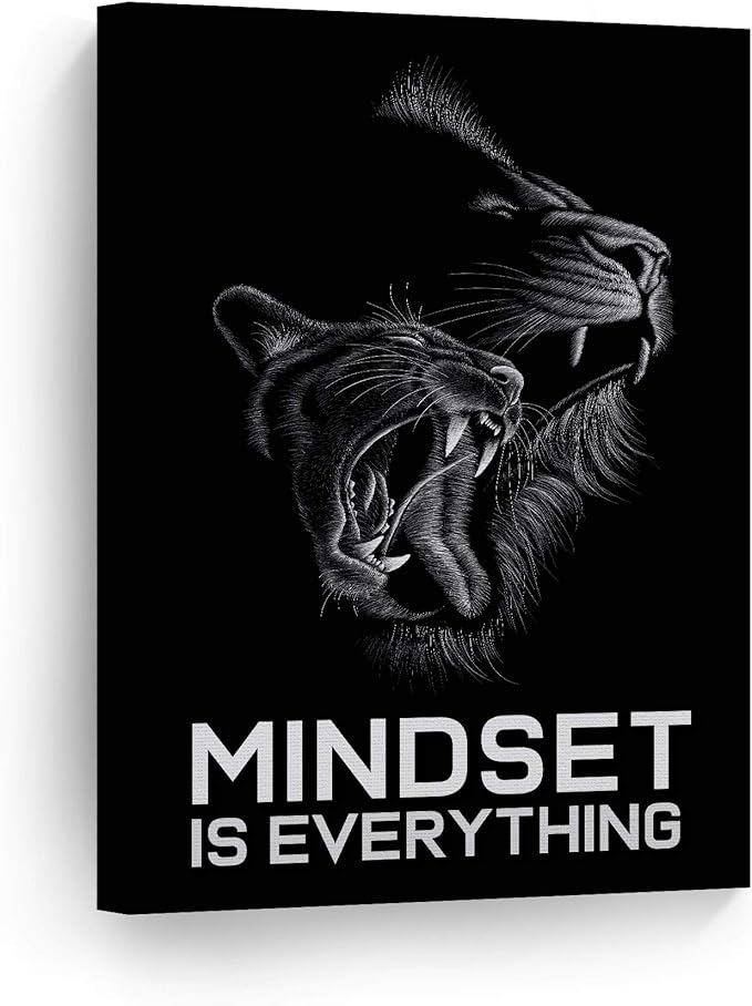 Smile Art Design Mindset is Everything Cat and Lion Sketch Drawing Art Motivational Wall Art Canvas Print Inspirational Entrepreneur Quote Canvas Print Modern Office Decor Gift Ready to Hang 22x15