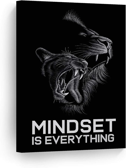 Smile Art Design Mindset is Everything Cat and Lion Sketch Drawing Art Motivational Wall Art Canvas Print Inspirational Entrepreneur Quote Canvas Print Modern Office Decor Gift Ready to Hang 40x30