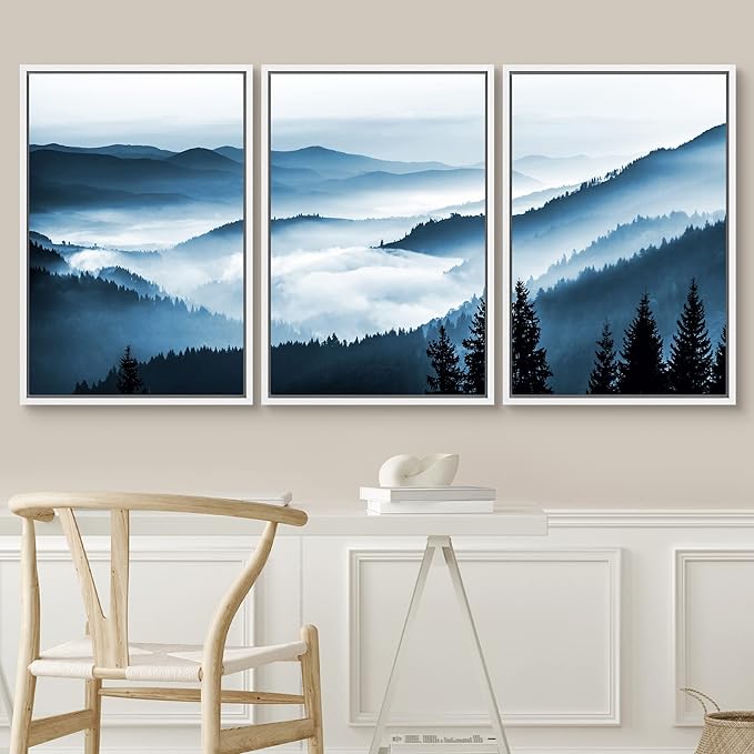 SIGNWIN Framed Canvas Print Wall Art Set Misty Blue Duotone Mountain Range Forest Nature Wilderness Photography Modern Decorative Colorful Rustic for Living Room, Bedroom, Office - 16"x24"x3 White