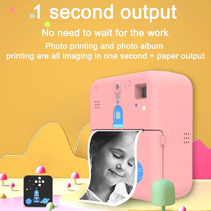 ZJchao 1080P Instant Print Camera Printer Thermal Label Printer with 10 Cartoon Photo Frames for Office and Home (Pink)