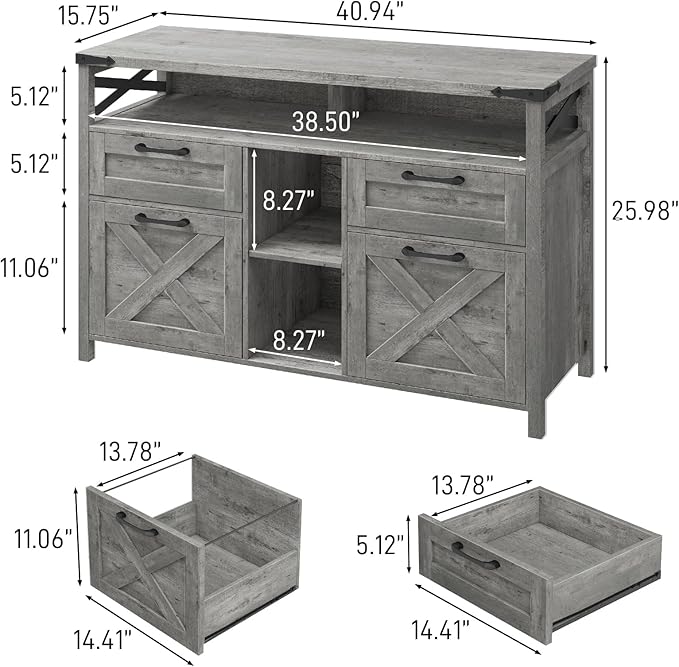Vabches Farmhouse Filing Cabinet with Adjustable Shelf for Home Office, Lateral File Cabinets 4 Drawers with Open Storage Shelf, Filing Organization Storage Cabinets for Hanging Files Letter/A4.Grey