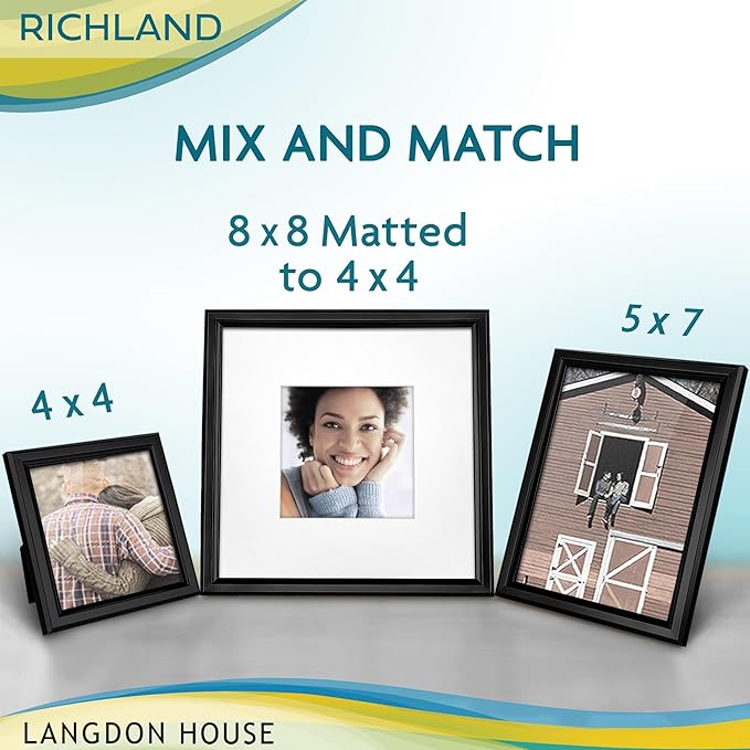 Langdon House - 8x8 Black Picture Frame with Mat to 4x4 - Distinguished Edging for Classic Style - Richland Collection