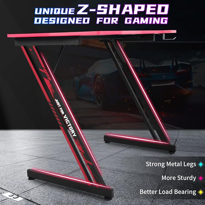 35" Z-Shaped Gaming Computer Desk with Hook - Cheap Home Office Desk for Bed, Sofa or Kids, Easy to Install, Lightweight to Move, Red