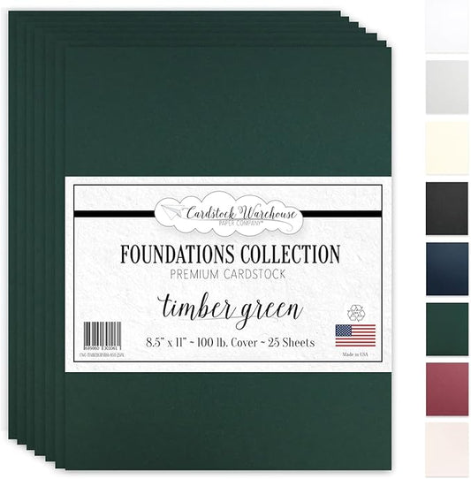 Cardstock Warehouse Foundations 100% Recycled Timber Green Cardstock Paper - 25 Sheets, 8.5 x 11" - 100lb/270 GSM Premium Dark Forest Green Card Stock for Card Making, Printing & DIY Projects