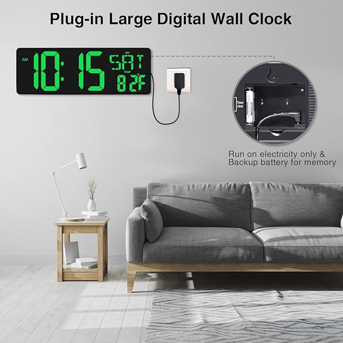 XREXS Large Digital Wall Clock with Remote Control, 16.5 Inch LED Display, Count Up & Down Timer, Adjustable Brightness, Plug-in Alarm Clock with Day/Date/Temperature for Home, Gym, Classroom