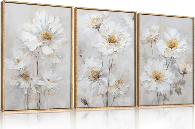 Aryroi Modern Chinoiserie White Daisy Floral Framed Canvas Wall Art Set,Watercolor Natural Beige Wildflower Wall Decor,Textured Minimalist Flower Botanical Artwork for Living Room,Farmhouse-16 x24 x3