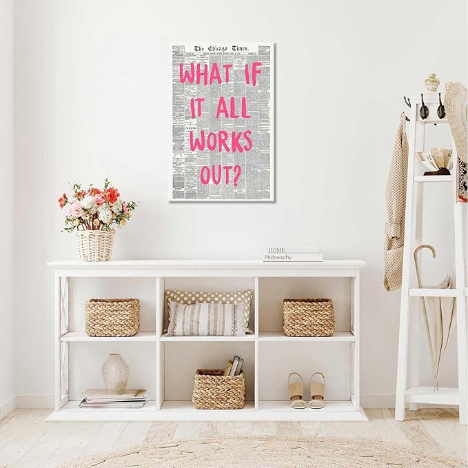Drimiler What If It All Works Out Poster Retro Newspaper Pink Font Canvas Wall Art Positive Affirming Quote Minimalist Prints Painting For Home Bedroom Dorm Wall Decor 16x24in Wframed
