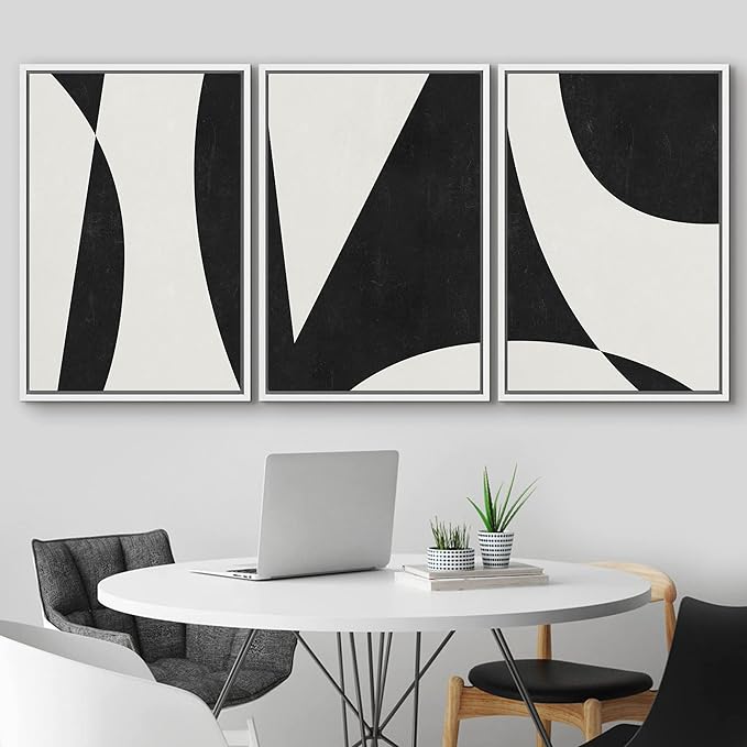 IDEA4WALL Framed Canvas Print Wall Art Set Art Deco Mid-Century Black White Polygons Abstract Shapes Illustrations Modern Art Contemporary for Living Room, Bedroom, Office - 24"x36"x3 White