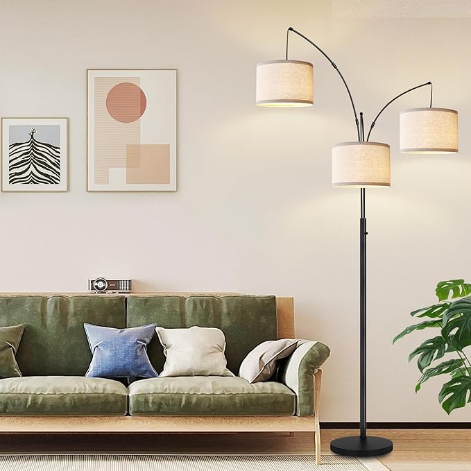 Dimmable Floor Lamp - 3 Lights Arc Floor Lamps for Living Room, 1000LM Modern Tall Standing Lamp with White Shades & Heavy Base, Mid Century Tree Floor Lamp for Bedroom Office, 3 LED Bulbs Included