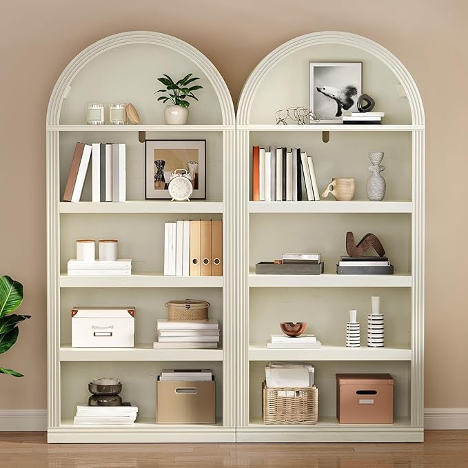YITAHOME Vintage 68.5" Tall Arched Bookshelf, Tall Bookcase 5 Tiers Arched Bookcase with Storage, White Bookshelf Display Storage Rack with Adjustable Shelves for Living Room, Office, Antique White