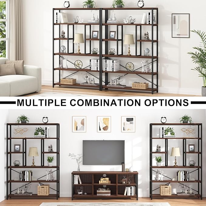 LVB 6 Tier Tall Bookshelf, Wood Metal Bookcases and Book Shelves 6 Shelf, Industrial Large Wide Etagere Book Shelf for Living Room, Vintage Rustic Big Open Bookcase Storage for Bedroom Office, Walnut