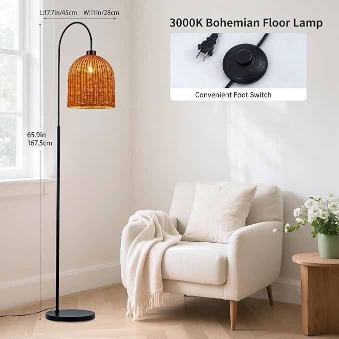 MAYNA Rattan Floor Lamp, 66 in. Bohemian Style Floor lamp with Natural Brown Rattan Shade, Rustic Curved Standing lamp for Coastal, Beach or Bohemian Decor (Coastal Black)