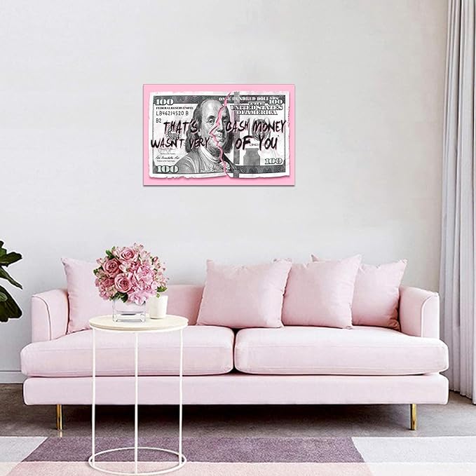 Money Wall Art 100 Dollars Bill Canvas Painting Modern Print Artwork Inspirational Entrepreneur Pink Benjamin Franklin Picture for Bedroom Living Room Office Decor, Framed 24"W x 36"H