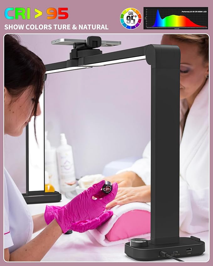 Nail Desk Lamp for Nail Tech, Foldable 34in 48W Half Moon Light with Phone Holder and USB Charging Port, 3 Color Temperature Dimmable LED Desk Light (Black)