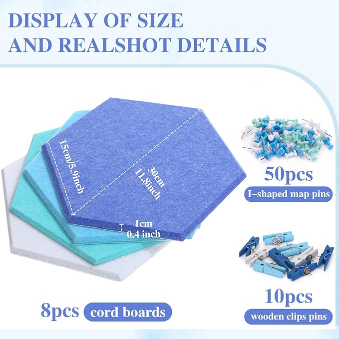 8 Pcs 12" Large Hexagon Felt Cork Bulletin Board Tiles Self Adhesive DIY Pin Board with 50 Push Pins and 10 Colored Clips, Wall Decor for Office Home Kitchen Photos Memos(Blue)