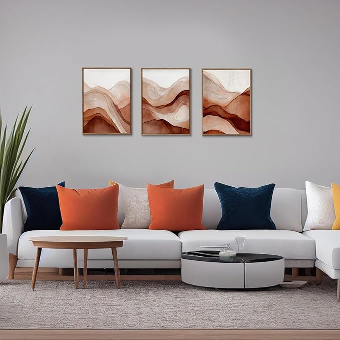 myusuar 3 Piece Large Abstract Framed Wall Art For Living Room, Smoke Texture Ink Warm Brown Terracotta Canvas Wall Art Modern Minimalist Art Prints Wall Décor For Bedroom Office 12x16in