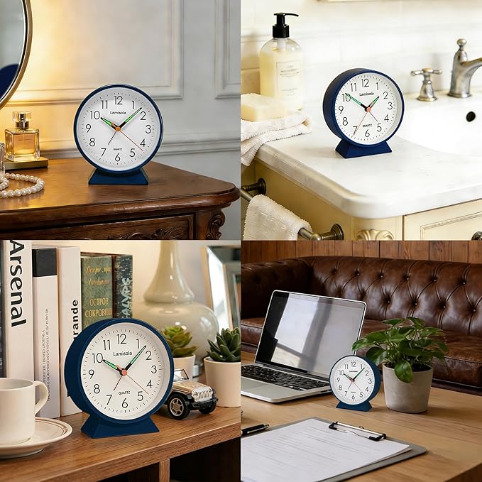 4.5 Inch Small Silent Analog Alarm Clock, Retro Battery Operated Desk Clock with Night Light Stays On 4 Seconds Vintage Metal Table Clock for Bedside, Bedroom, Office, Bathroom - Navy Blue